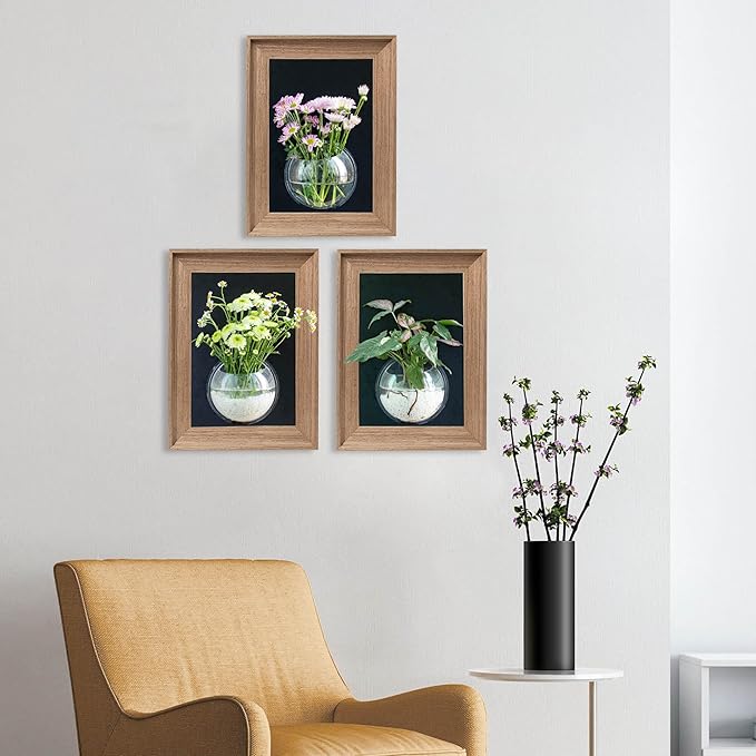 Walnut Wooden Frame Wall Hanging Planter for Hydroponic Plants,12'' x16''inch Wall Vase with Oblate-Shaped Acrylic Propagation Station,Bathroom, Office, or Living Room Decor, Set of 3