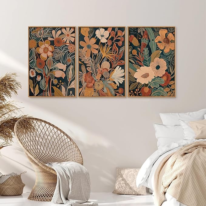 Tinonedraw Vintage Burnt Orange Floral Framed Canvas Wall Art Set of 3, Boho Chic Flower Artwork, Mid Century Modern Plant Wall Decor, Colorful Neutral Botanical Art Prints for Bedroom Living Room Office 16"x24"