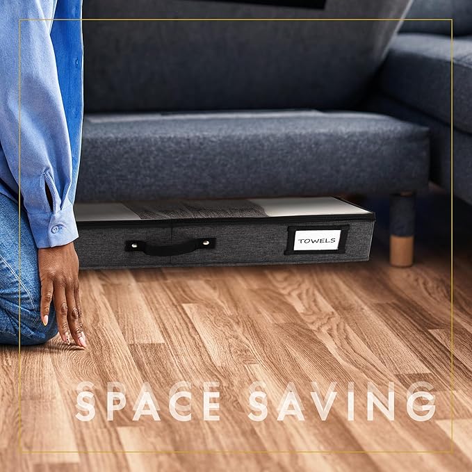 HOMELUX THEORY 2pc Low Profile Under Bed Storage Containers, Thin Under Couch Storage Organizer with Bins & Lids, Underbed Storage Box Ideal for Seasonal Clothes, Blankets, Fabric & Shoes (Dark Gray)