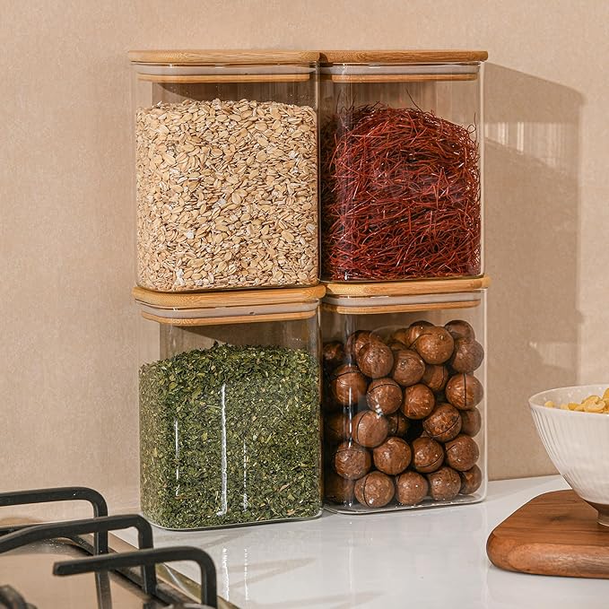 37oz Rectangle Airtight Glass Storage Containers with Bamboo Lids (Set of 6), Square Food Storage Jar, Pantry Organizers for Cereal, Nuts, Snacks and Coffee beans (with Black Lable)