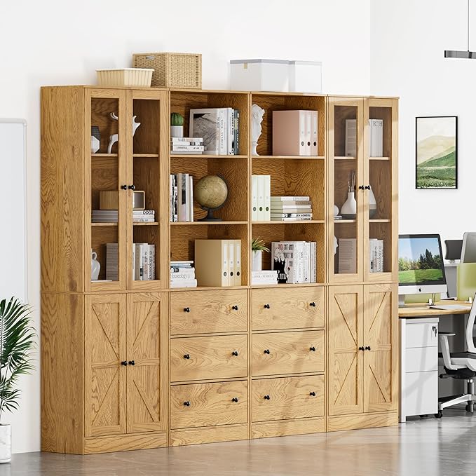 71" Tall Bookshelves Set of 4, 2 Bookcases with Drawers & 2 Bookshelves with Doors, Wooden Bookshelves Floor Standing Display Storage Shelves Home Decor Furniture for Home Office, Living Room