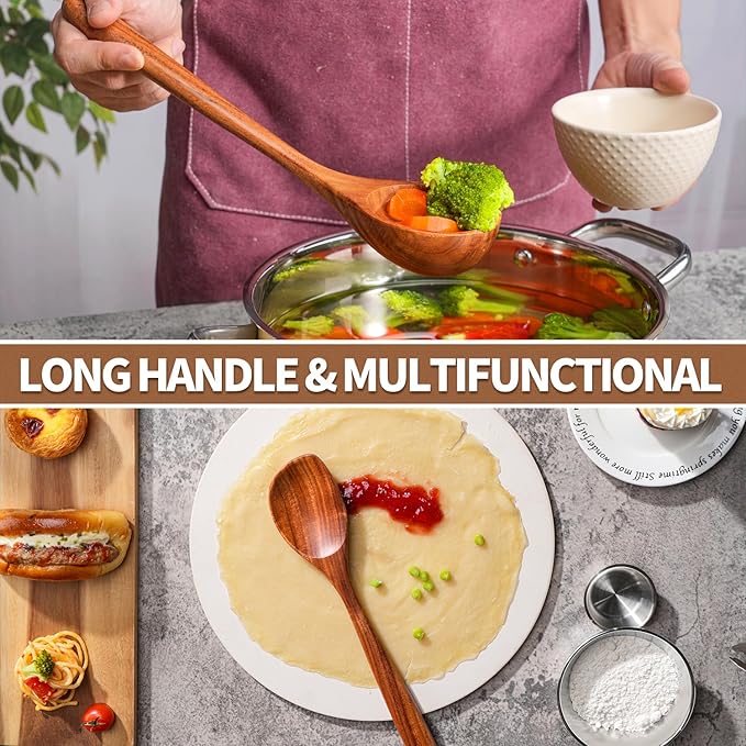Gudamaye 13 inch Long Wooden Spoons for Cooking, 9 PCS Natural Teak Wooden Kitchen Utensil Set with Utensils Holder Made of Australia Camphor Laurel Wood,Wooden Utensils for Cooking