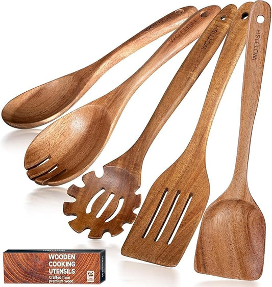 Wooden Spoons for Cooking - 5-Piece Wooden Kitchen Utensil Set made of Natural Solid Wood Material - Includes Salad Spoons, Spaghetti Spoon, Salad Fork, Flat Spatula,Slotted Spatula(A05)