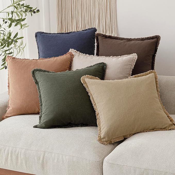 Foindtower Decorative Linen Fringe Throw Pillow Covers Cozy Boho Farmhouse Cushion Cover with Tassels Accent Pillowcase for Chair Sofa Bed Living Room Home Decor, 26×26 Inch, 1PC,Light Khaki Taupe
