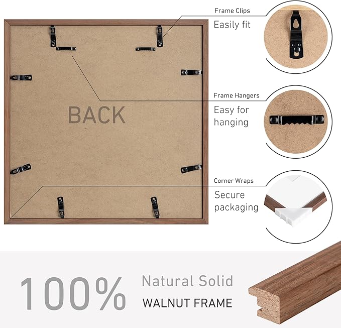 16x16 Picture Frame Set of 4 Natural Solid Walnut Photo Frames with 12x12 Removable Mat Wall Hanging Large Handcrafted Frame with HD Plexiglass Wall and Tabletop Display Large Poster Frame