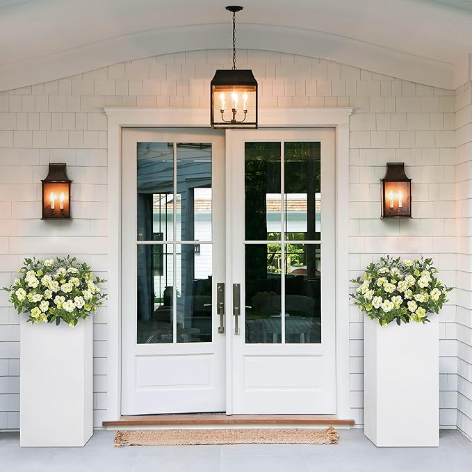 Metallic Heavy Large Planter Box for Outdoor or Indoor, Tall Metal Planters, Rectangular Flowerpot for Front Porch, Garden, Patio 25Pounds Pure White, No Assembly 1 Pack