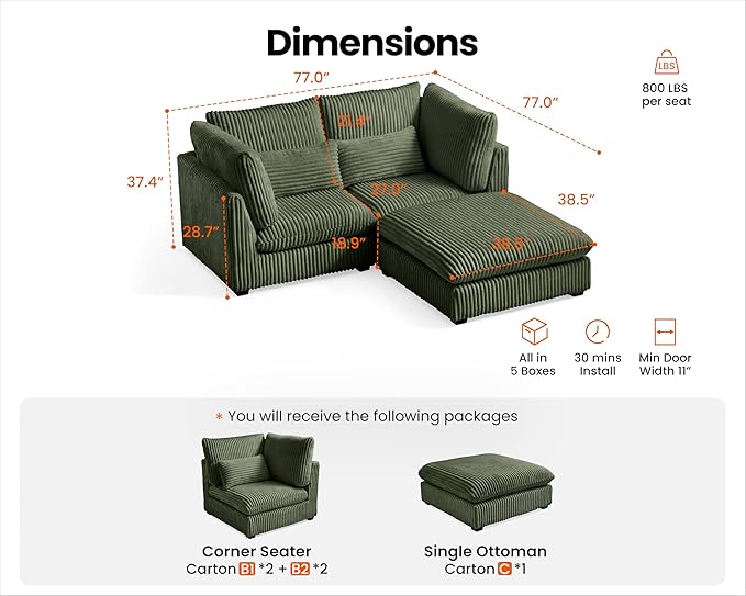 Oversized Modular Sofa, Extra Deep Cloud Corduroy Sectional Couch with Ottoman Chaise, Fluffy Chenille Loveseat L Sofa for Living Room, Villa (Loveseat+Ottoman, Corduroy Green)