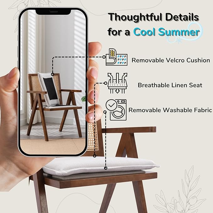 Rattan Dining Chairs Set of 6, Farmhouse Wicker Dining Chairs with Removable Linen Cushion Accent Cane Armchair for Dining Room Kitchen Restaurant, Walnut
