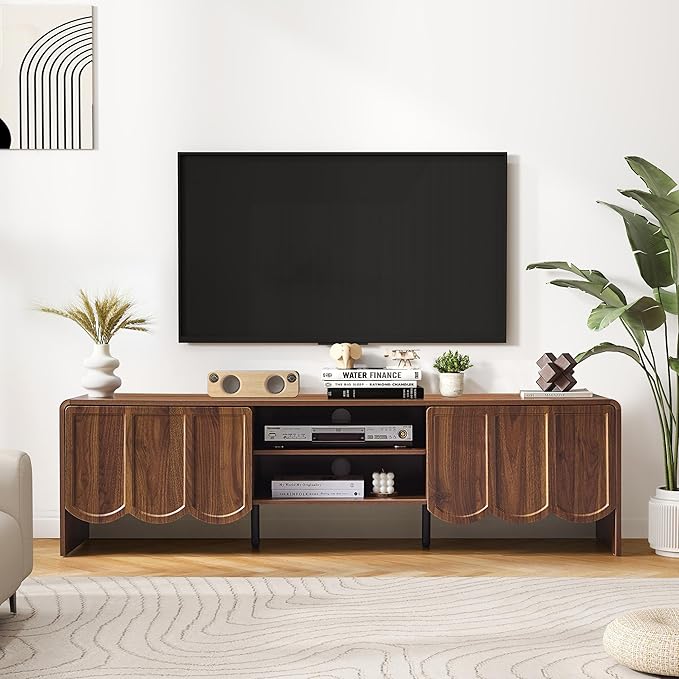 ORRD 63'' TV Stand, Modern TV Console Table Wave Panel Television Stands Entertainment Media Center with Storage Compartment and Sliding Door for Living Room (Walnut)