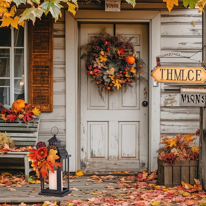 NEEDOMO Fall Decorations for Home, 15'' Fall Lantern Indoor Outdoor Thanksgiving Decor, Vintage Metal Hanging Candle Holders with Fall Teardrop Wreath and LED Candle for Patio, Porch, Table