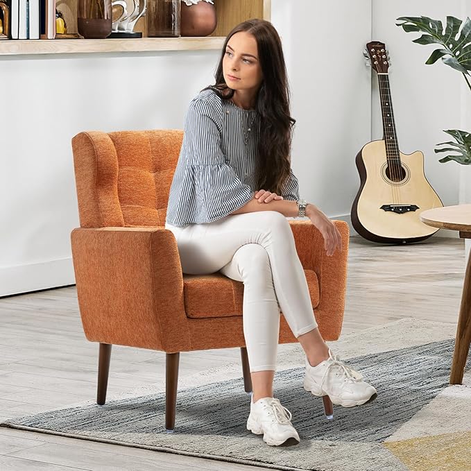 Accent Chair Set of 2, Upholstered Armchair with Pillow, Fabric Single Sofa Chair with Lounge Seat and Wood Legs Accent Chair for Living Room Small Spaces (Orange, Set of 2)