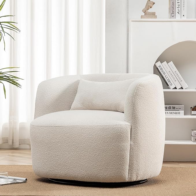 KINWELL 34" Wide Boucle Swivel Barrel Chair, No Assembly Round Upholstered Armchair Accent Chair Single Sofa Chair with Toss Pillow for Living Room and Bedroom, Beige