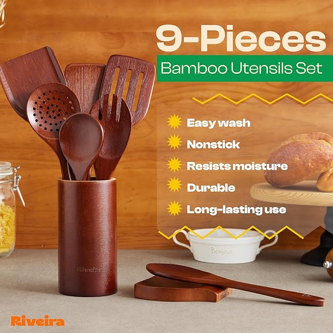 Riveira Set of 9 Premium Brown Bamboo Cooking Utensils - Bamboo Utensils for Cooking - Non-Toxic Utensils - Wooden Kitchen Set for Non-Stick Cookware