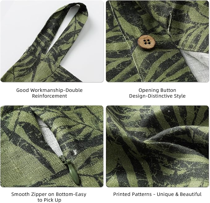 Linen Hanging Laundry Bag, 100% Linen Leaf Print Over The Door Laundry Hamper with Buttons and Zipper, Space Saving Door Hampers for Laundry Dirty Clothes Home Travel, Green, 19.7x27.5inches