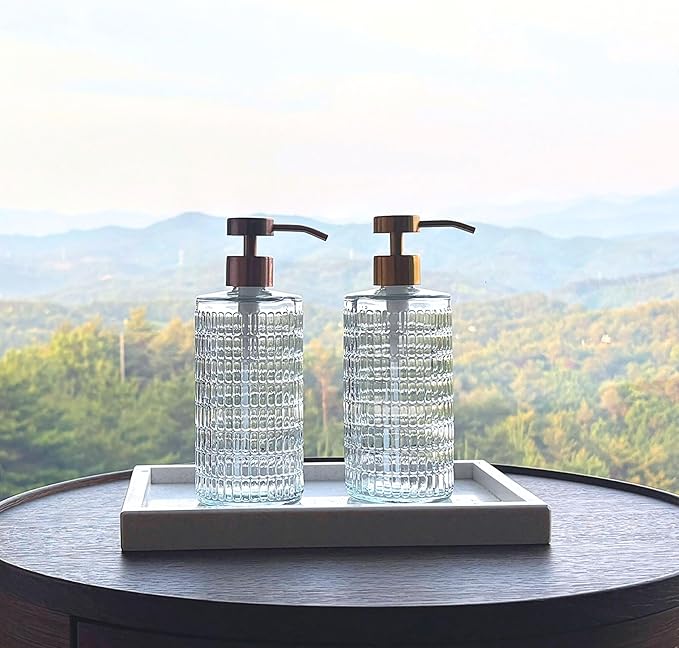 Lunestella Elegant Fluted Glass Dispenser with Stainless Steel Pump, 17oz, Decorative Bottle for Bathroom and Kitchen (Copper)