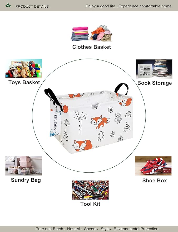Rectangular Folding Laundry Basket,waterproof Canvas Basket,gift basket,Suitable for children's room,Office,Clothes,Toys Storage(Fox)