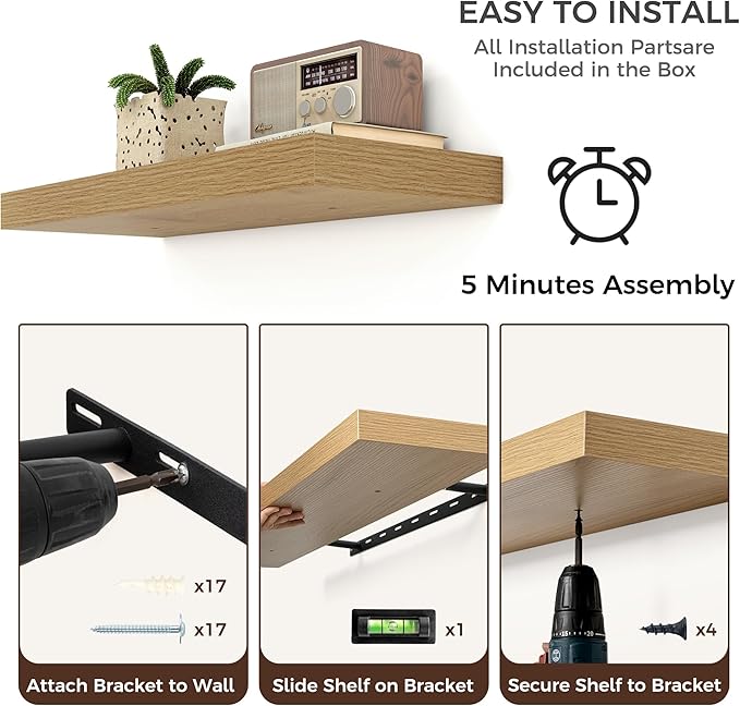 Floating Shelves for Wall, Large Wall Mounted Shelves with Invisible Brackets, Long Wood Floating Shelf for Living Room, Bedroom, Kitchen, Bathroom (Oak, 72" W x 9" D x 1.5" H)