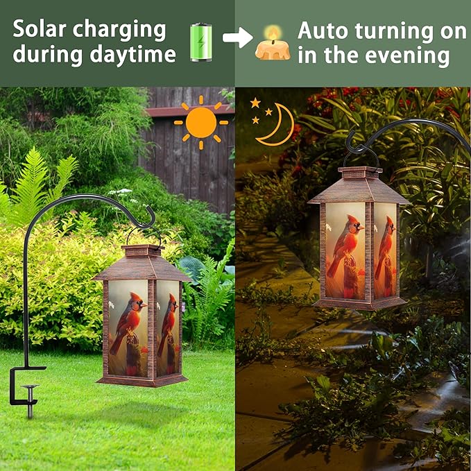 Solar Lanterns Outdoor, Waterproof Cardinal Garden Hanging Lanterns with LED Flickering Flameless Candles, Lantern Decor Birthday Gifts for Women Mom Grandma
