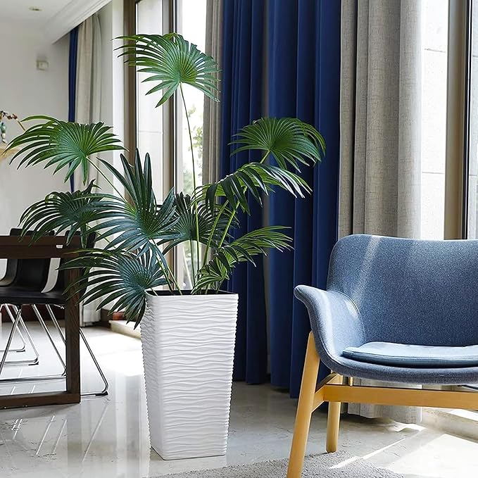 Worth Garden 22" Tall Planters Set of 2 - Plastic White Square Plant Pots - Modern Big Tapered Matte Wavy Tree Flower Pot for Indoor Outdoor Porch Deck