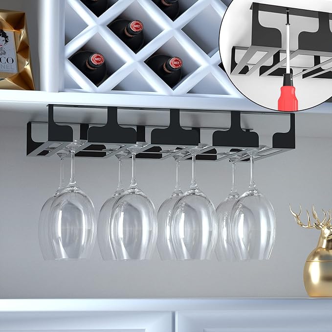 Wine Glass Rack - Under Cabinet Stemware Wine Glass Holder Glasses Storage Hanger Metal Hanging Organizer for Bar Kitchen 4 Rows Black