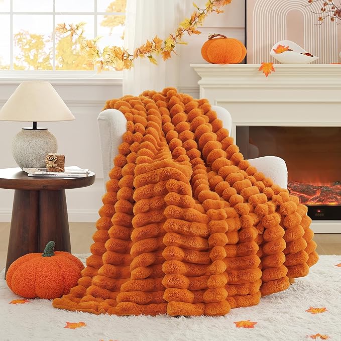 Cozy Bliss Fall Harvest Faux Fur Throw Blanket for Couch, Cozy Warm Plush Striped Blanket for for Decorating Couch Sofa Bedroom Living Room,60 * 80 Inches Burnt Orange