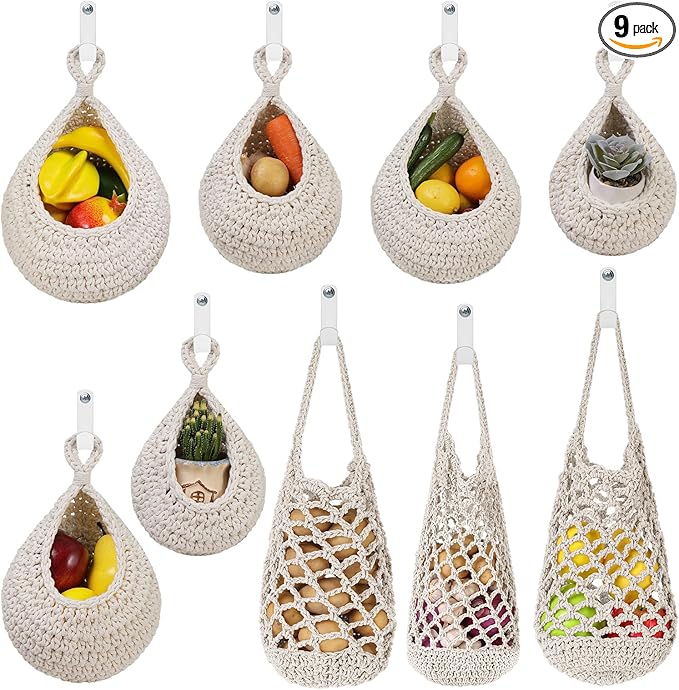 AARAINBOW Boho Wall Hanging Baskets for Kitchen Storage, Fruit Woven Wall Basket 9 Pcs, Hanging Vegetable and Onion Storage with 24 Hooks (White)