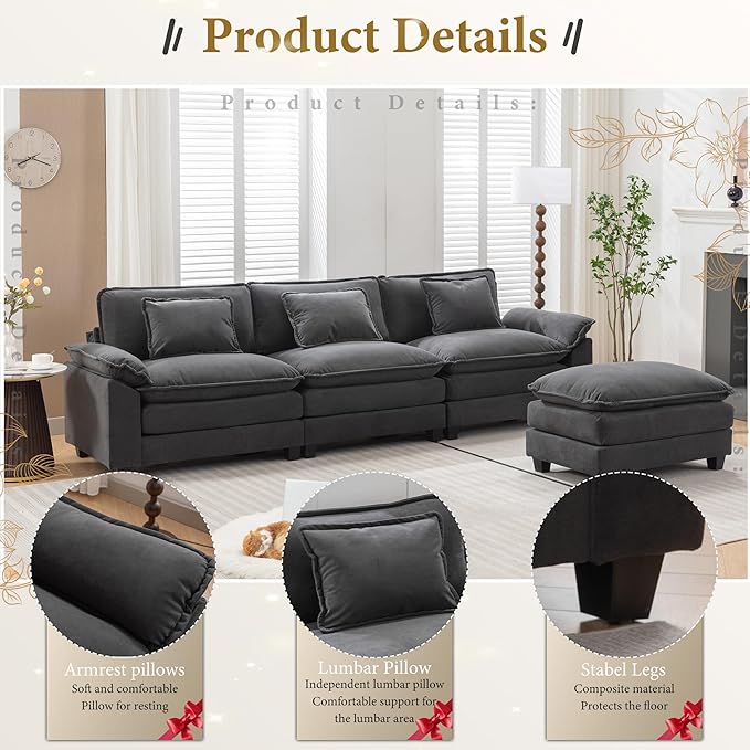 URRED Modular Sectional Sofa Comfy Cloud Couch, Modern Velvet Sofa Sleeper Deep Seat Couches with Ottoman/Pillows for Living Room (Dark Gray, 117''- L Shape)