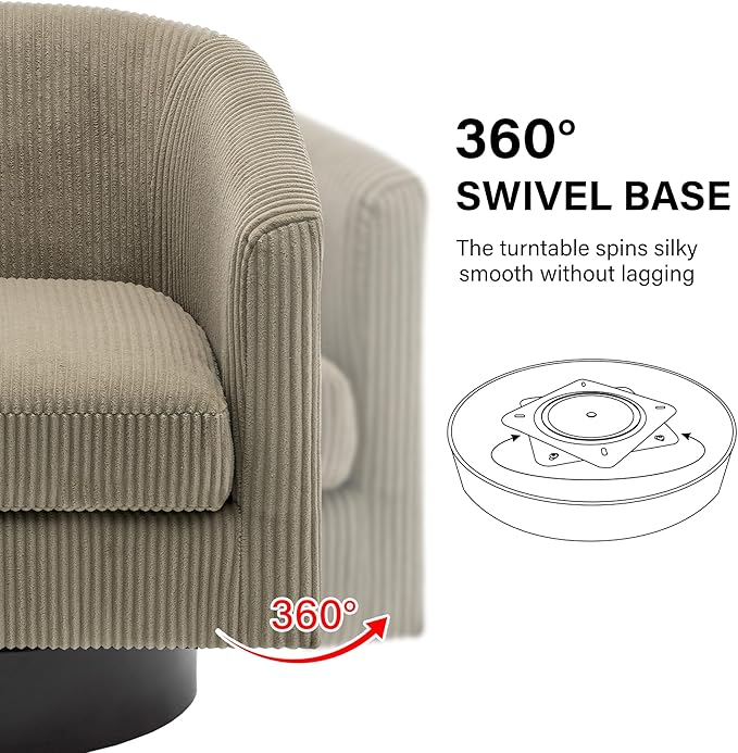 Swivel Barrel Accent Chair, Modern Round Corduroy Fabric Arm Chair for Living Room, Bedroom, Comfy Club Reading Chairs for Adults (Corduroy Camel, Set of 1)