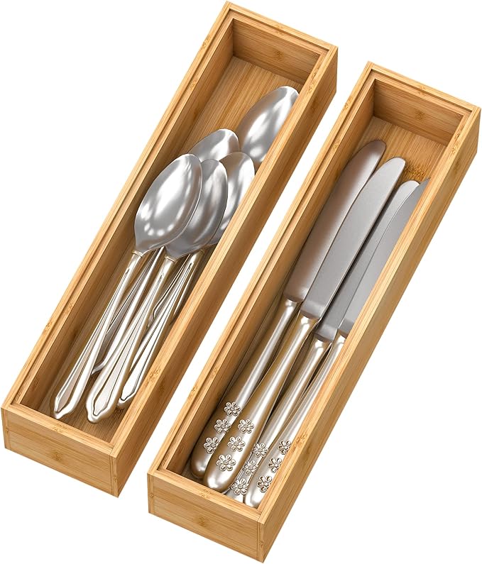 Bamboo Kitchen Drawer Organizer, Stackable Silverware Tray Utensil Organizer Cutlery Holder for Kitchen,Wooden Storage Box for Bathroom, Multi-Use Storage Bins Dividers for Office(12x3x2.5 inch)