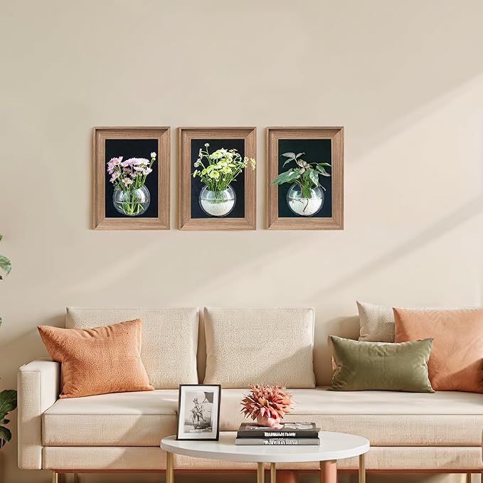 Walnut Wooden Frame Wall Hanging Planter for Hydroponic Plants,12'' x16''inch Wall Vase with Oblate-Shaped Acrylic Propagation Station,Bathroom, Office, or Living Room Decor, Set of 3