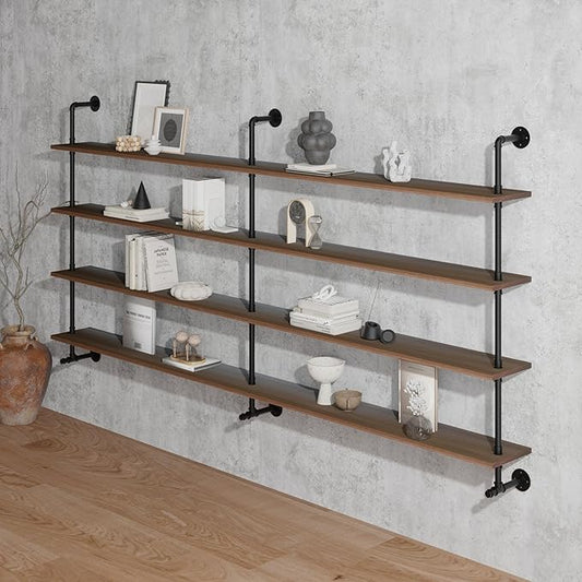 Industrial Pipe Wall Shelves Pipe Shelving with Real Wood Plank,60 Inches Floating Shelves for Wall Farmhouse Pipe Book Shelves Dark Brown 4 Tier for Kitchen,Living Room Decor and Bar Shelving