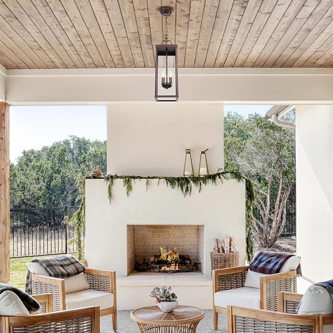 Large Outdoor Pendant Lantern Light Fixture for Front Porch, 20 Inch 2-Light Bronze Exterior Hanging Chandelier with Clear Glass, Outdoor Indoor Pendant Lamp for Patio, Gazebo, RZ008M-H ORB