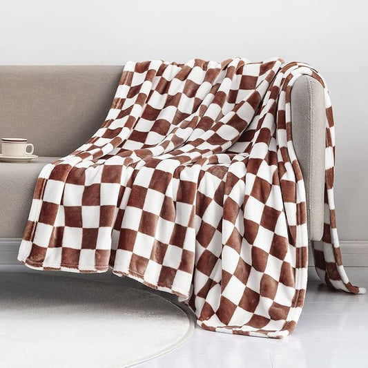 LOMAO Throw Blankets Flannel Blanket with Checkerboard Grid Pattern Soft Throw Blanket for Couch, Bed, Sofa Luxurious Warm and Cozy for All Seasons (Coffee, 50"x60")