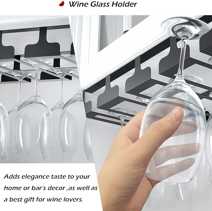 Wine Glass Rack - Under Cabinet Stemware Wine Glass Holder Glasses Storage Hanger Metal Hanging Organizer for Bar Kitchen 4 Rows Black