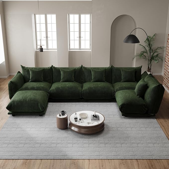 Modern Minimalist Chenille Modular Sectional Sofa, Oversized Deep-Seat U-Shaped Couch with Movable Ottoman, Thick Cushions, Upholstered Sofa for Living Room, Bedroom, Office, Apartment Green 1 Ottoman