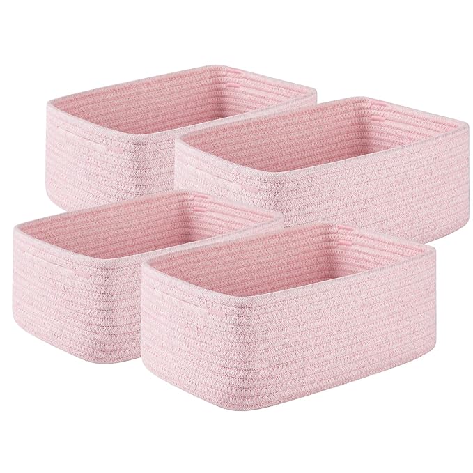 4 Pack Small Storage Shelf Baskets for Organizing, Mini Woven Rope Storage Bins for Towels, Cute Decorative Closet Organizer,Baby Nursery, Gift Empty Baskets -11.81''Lx7.87''Wx4.72''H-Pink
