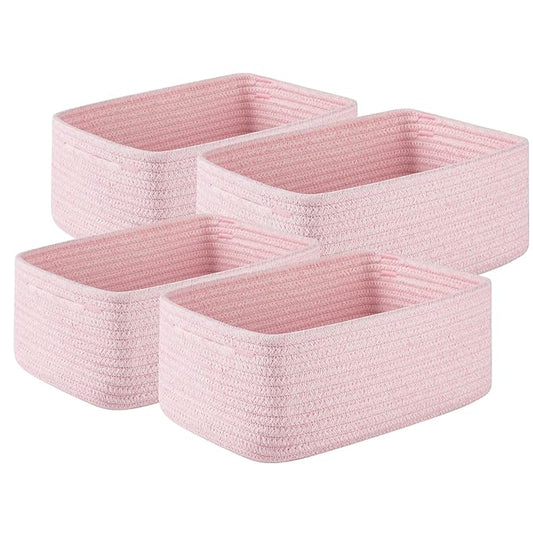 4 Pack Small Storage Shelf Baskets for Organizing, Mini Woven Rope Storage Bins for Towels, Cute Decorative Closet Organizer,Baby Nursery, Gift Empty Baskets -11.81''Lx7.87''Wx4.72''H-Pink