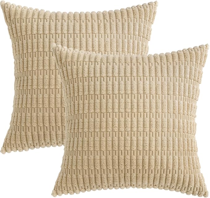 MIULEE Pack of 2 Corduroy Decorative Throw Pillow Covers 18x18 Inch Soft Boho Striped Pillow Covers Modern Farmhouse Home Decor for Sofa Living Room Couch Bed Tan