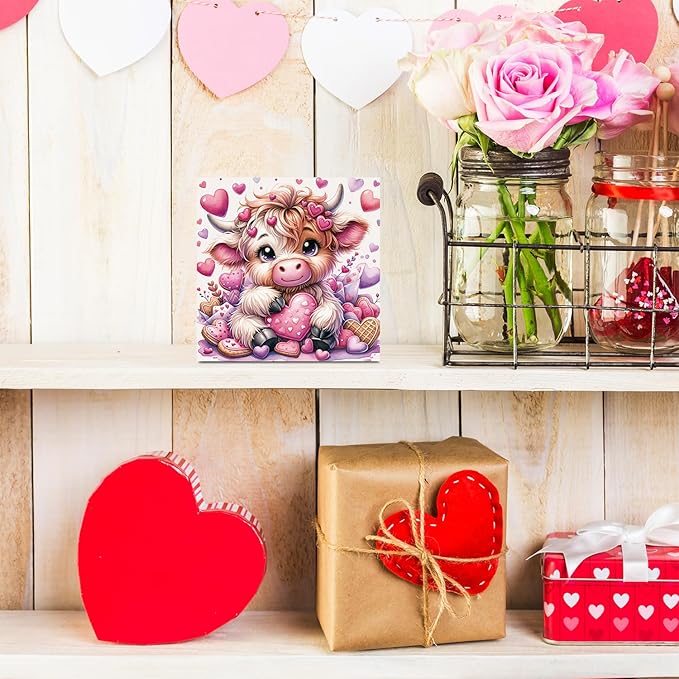 Valentines Day Decor Valentines Day Decorations Valentines Day Office Decor Valentines Day Table Decor Pink Valentines Day Decorations Valentines Decor Gifts for Girlfriend, Highland Cow Wooden Decor