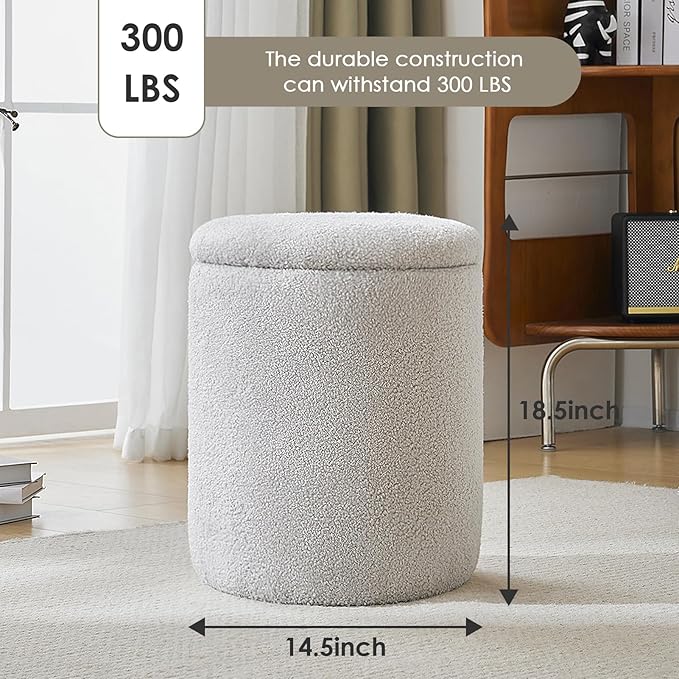 YFO Round Ottoman with Removable Lid Upholstered, Multifunctional Vanity Chairs for Makeup, Soft Footrest Stool Ottoman Foot Stool for Living Room, Bedroom, Boucle, Grey