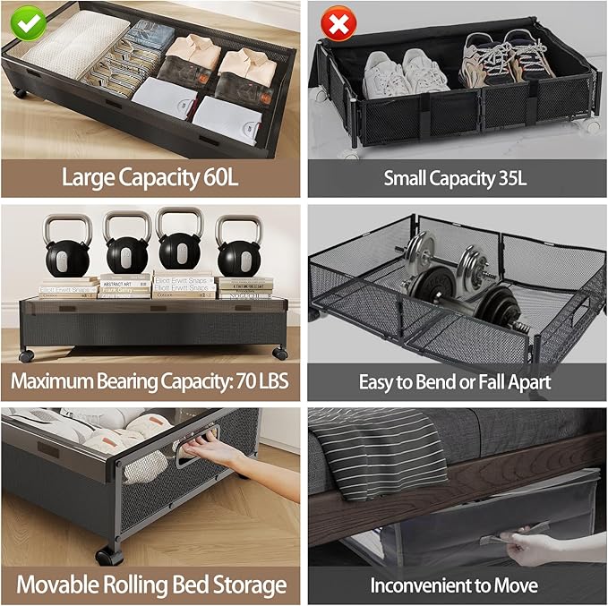 Under Bed Storage Containers with Wheels, 2 Pack Underbed Shoe Storage Organizer with Removable Lids, Large Rolling Under Bed Storage Dresser Drawers for Clothes Toys Shoes Blankets