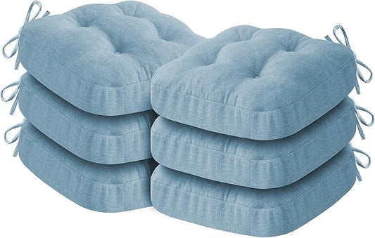 Chair Cushions for Dining Chairs, Dining Chair Cushions, Tufted Indoor Chair Pads with Ties & Non Slip Backing, Seat Cushions for Kitchen Chairs 16.5” x 16.5” x 3.5”, Set of 6, Light Blue