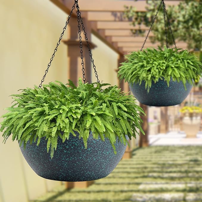 WOUSIWER 13 inch 2 Pack Large Hanging Planters for Indoor Outdoor Plants with Drainage Holes and Chain, Round Hanging Flower Pots for Garden Home Porch Decor, Black with Green Speckles