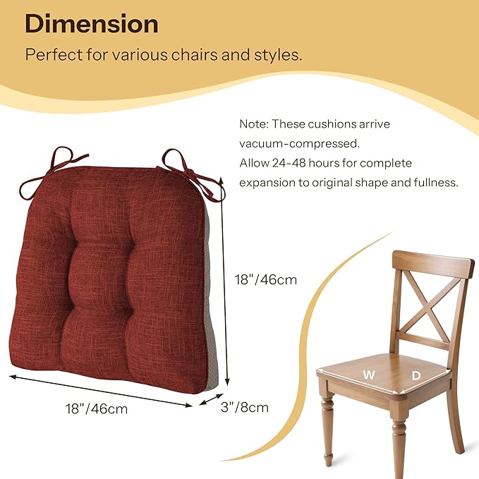 Non Slip Chair Cushions for Dining Chairs Set of 4 Kitchen Chair Cushions 18"x18"x3" Turfted Chair Pads Comfortable and Soft Seat Cushion with Ties, Rust