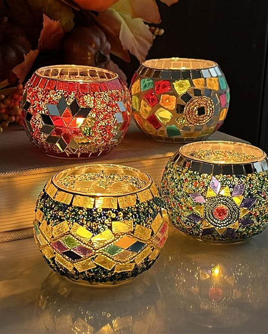SHMILMH Glass Candle Holder Set of 4, Diwali Gift Votive Candle Holders Handmade Mosaic Glass Tealight Holders Diwali Christmas Table Decorations for Home
