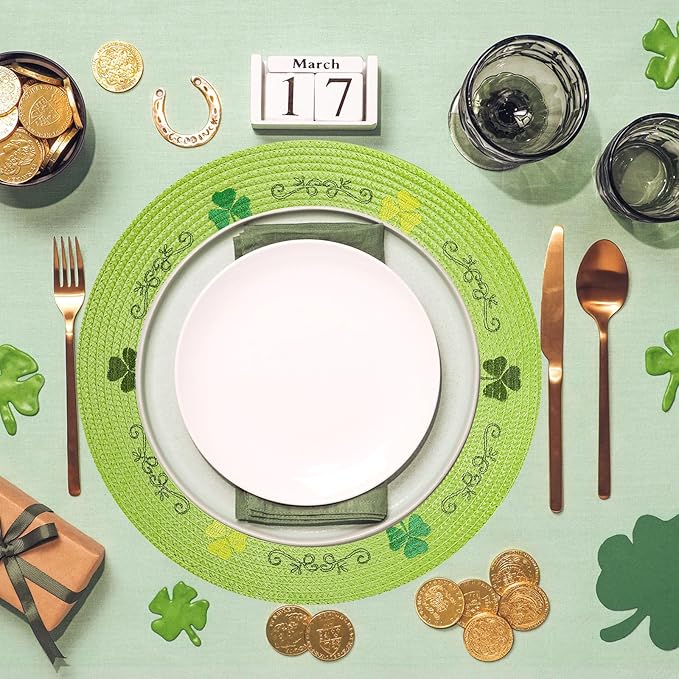 Whaline 4Pcs Round St. Patrick's Day Placemats Embroidered Shamrock Place Mats Green Clover Dinner Table Mats for Home Spring Irish Holiday Birthday Party Decor