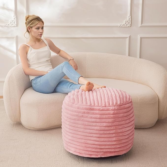 HIGOGOGO Round Stuffed Pouf Ottoman, Stripe Faux Fur Poufs with Foam Chunk Filling, Furry and Fluffy Pouf Foot Stool Storage Ottoman, 26 X 18 Floor Poufs Foot Rest for Living Room, Pink