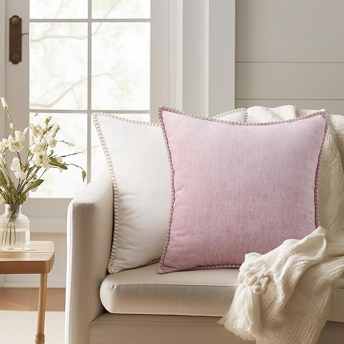 decorUhome Chenille Soft Throw Pillow Covers 22x22 Set of 2, Farmhouse Velvet Neutral Decorative Euro Pillow Covers with Stitched Edge for Couch Sofa Bed Home Decor, Blush Pink