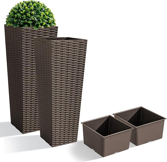 JUMMICO Set of 2 Resin Rattan Tall Planters for Outdoor Plants, Large Tapered Planters with Drainage Holes&Inner Trays, Flower Pots for Garden, Patio, Porch, Backyard (Brown, 24'')