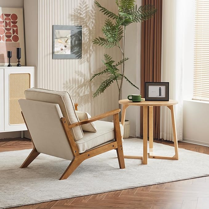 Karl home Accent Chair Wide Armrest Mid-Century Lounge Chair Linen Fabric Armchair with Lumbar Pillow & Solid Wood Frame for Living Room, Bedroom, Balcony, Beige